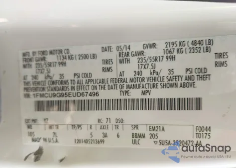 2014 Ford Escape Se из США, поврежденный, VIN 1FMCU9G95EUD67496